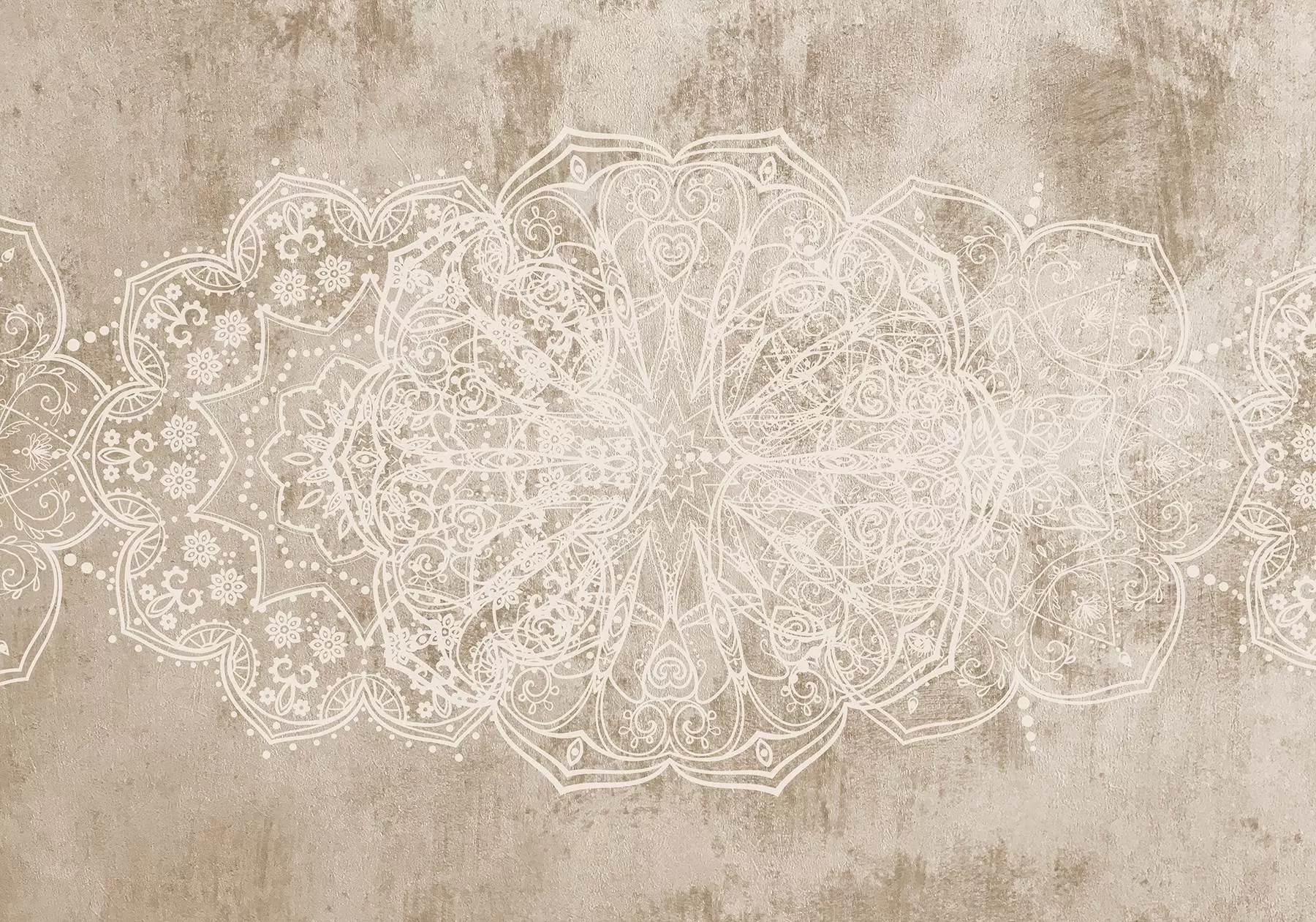 Fototapety Detailný, zložitý vzor bielej čipky mandala na béžovo-hnedom pozadí steny s textúrou loftu w08387v1