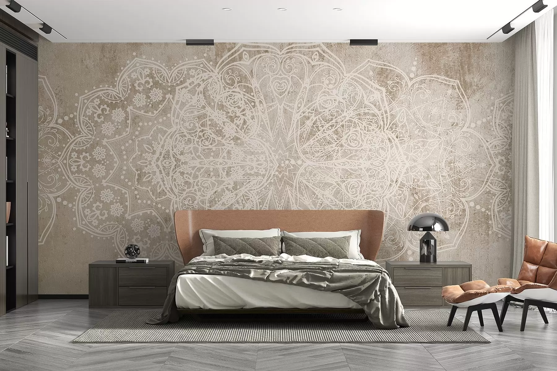 Fototapety Detailný, zložitý vzor bielej čipky mandala na béžovo-hnedom pozadí steny s textúrou loftu w08387v1