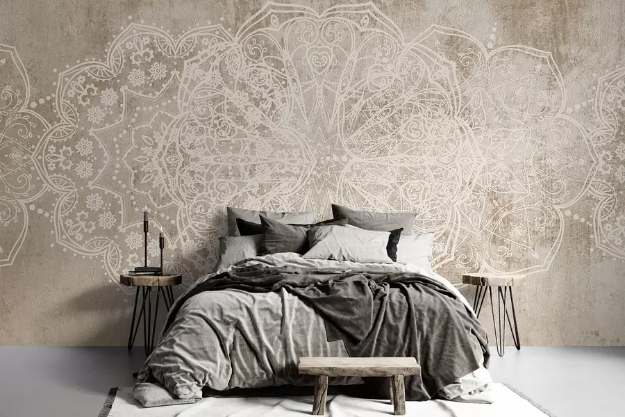 Fototapety Detailný, zložitý vzor bielej čipky mandala na béžovo-hnedom pozadí steny s textúrou loftu w08387v1