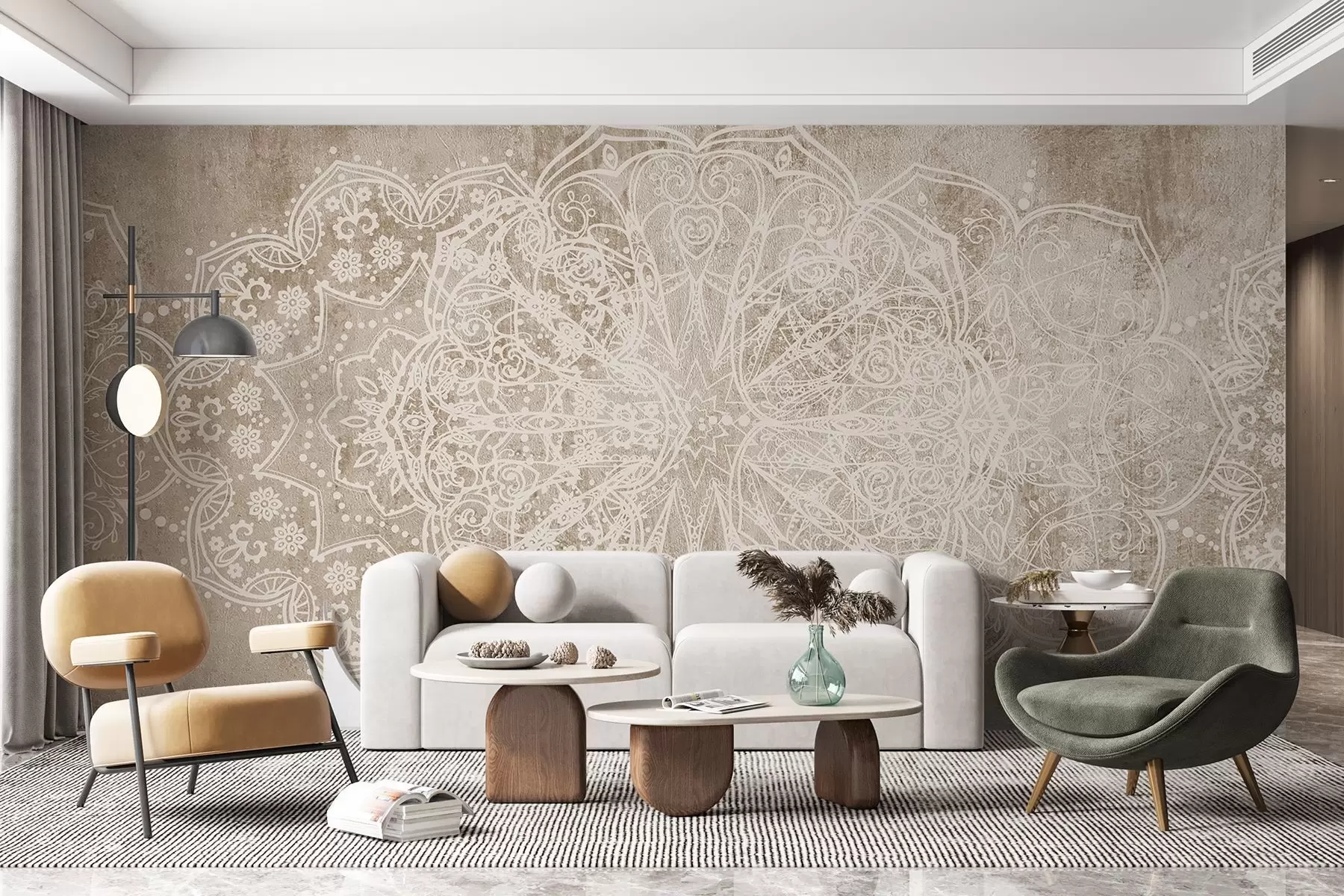 Fototapety Detailný, zložitý vzor bielej čipky mandala na béžovo-hnedom pozadí steny s textúrou loftu w08387v1
