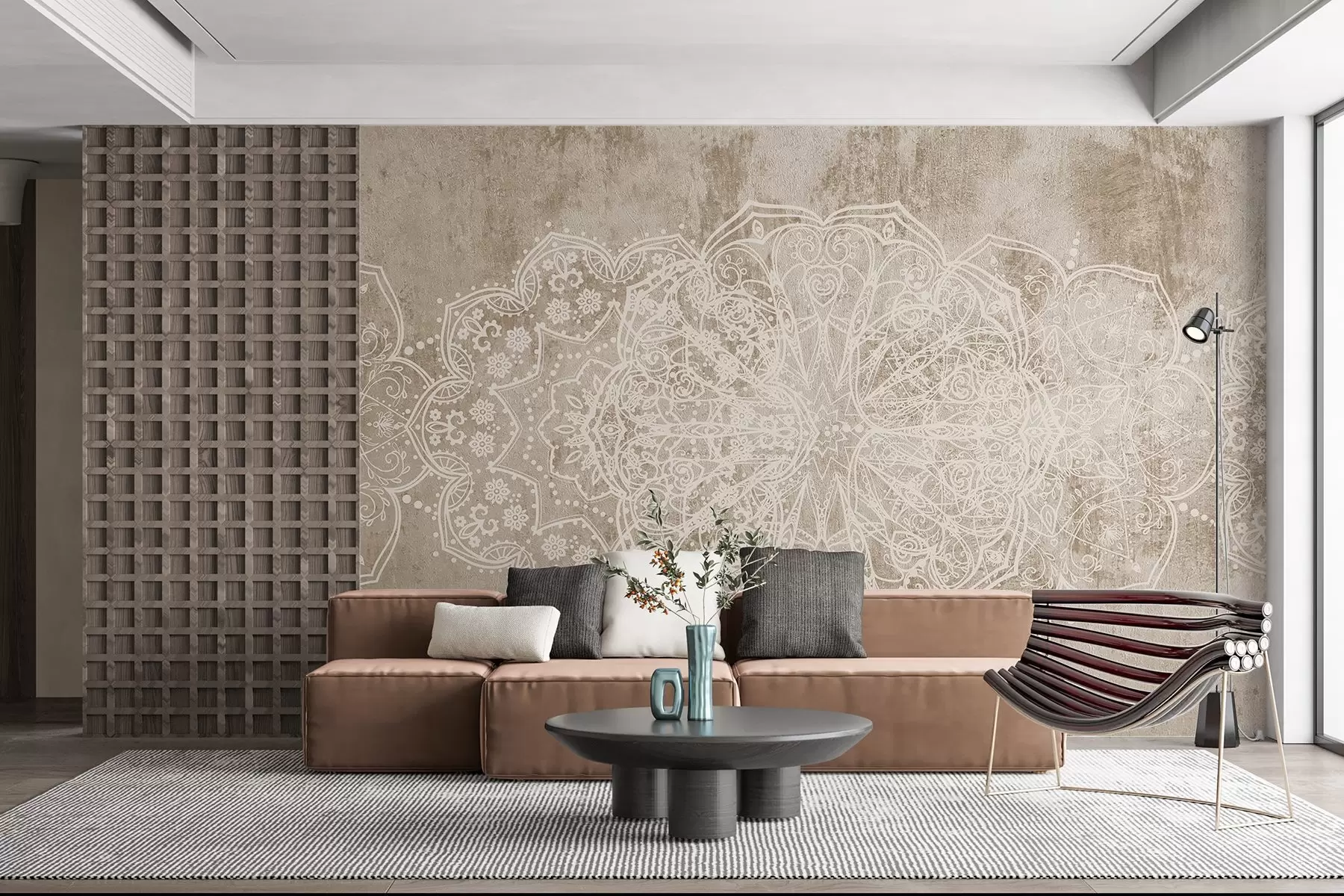 Fototapety Detailný, zložitý vzor bielej čipky mandala na béžovo-hnedom pozadí steny s textúrou loftu w08387v1