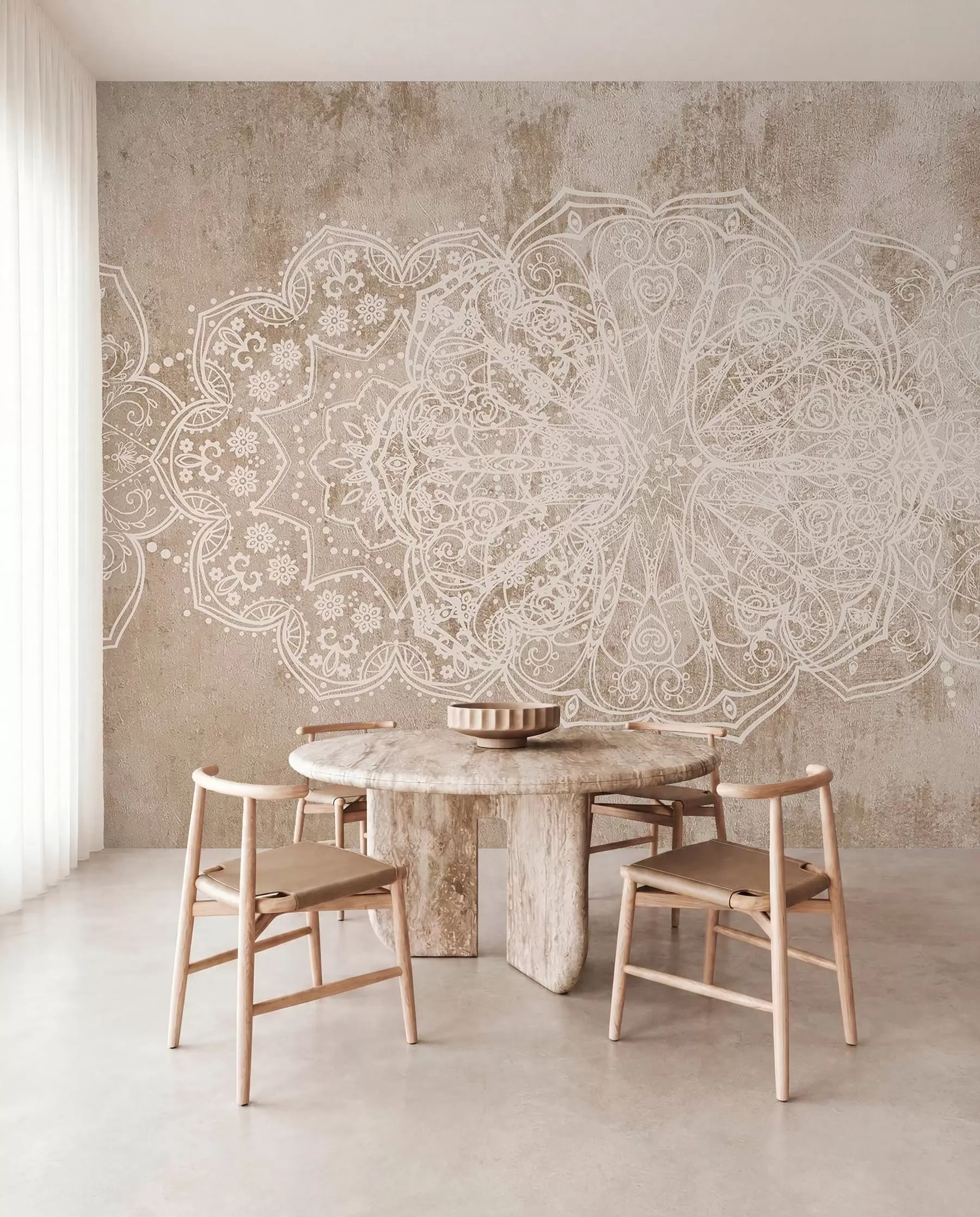 Fototapety Detailný, zložitý vzor bielej čipky mandala na béžovo-hnedom pozadí steny s textúrou loftu w08387v1