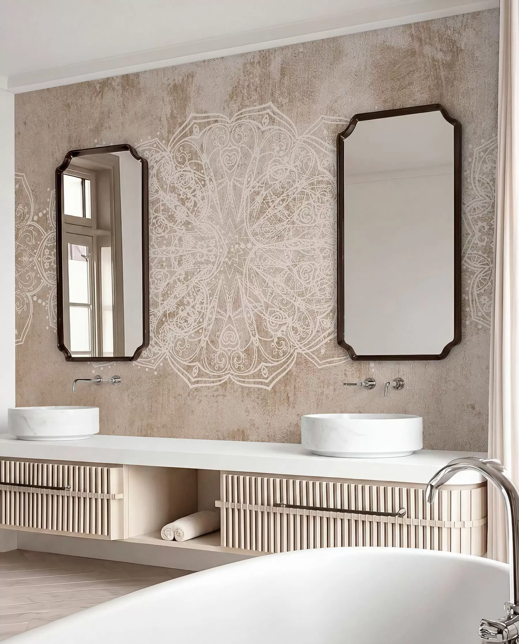 Fototapety Detailný, zložitý vzor bielej čipky mandala na béžovo-hnedom pozadí steny s textúrou loftu w08387v1