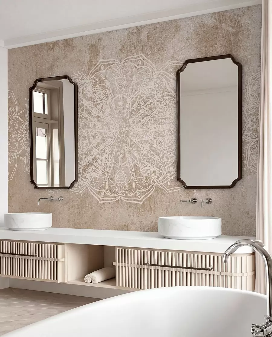 Fototapety Detailný, zložitý vzor bielej čipky mandala na béžovo-hnedom pozadí steny s textúrou loftu w08387v1