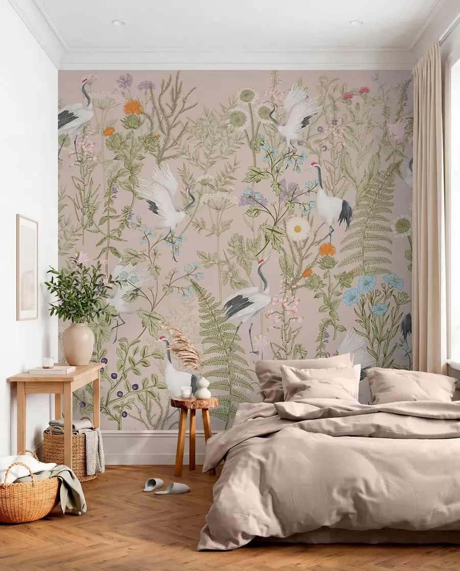 Fototapety Elegantné žeriavy medzi živými kvetmi w00380