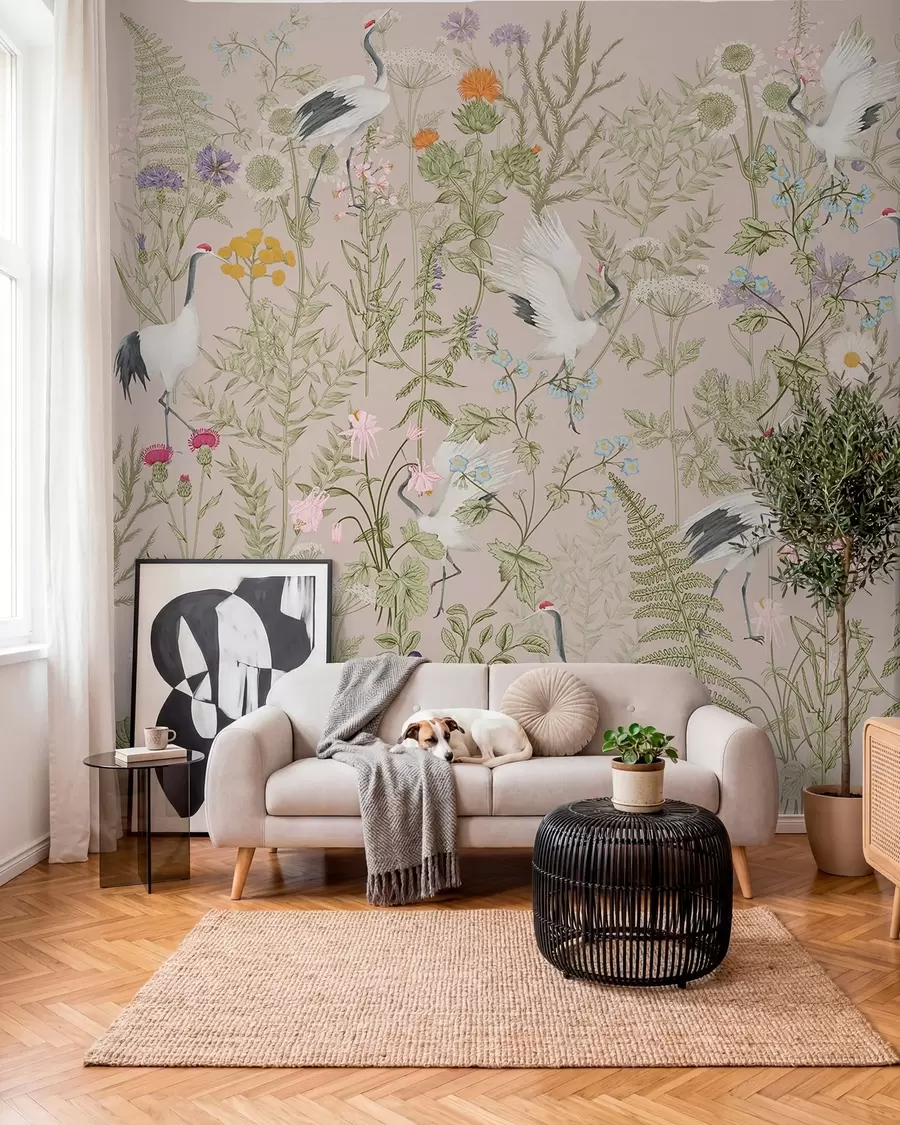 Fototapety Elegantné žeriavy medzi živými kvetmi w00380