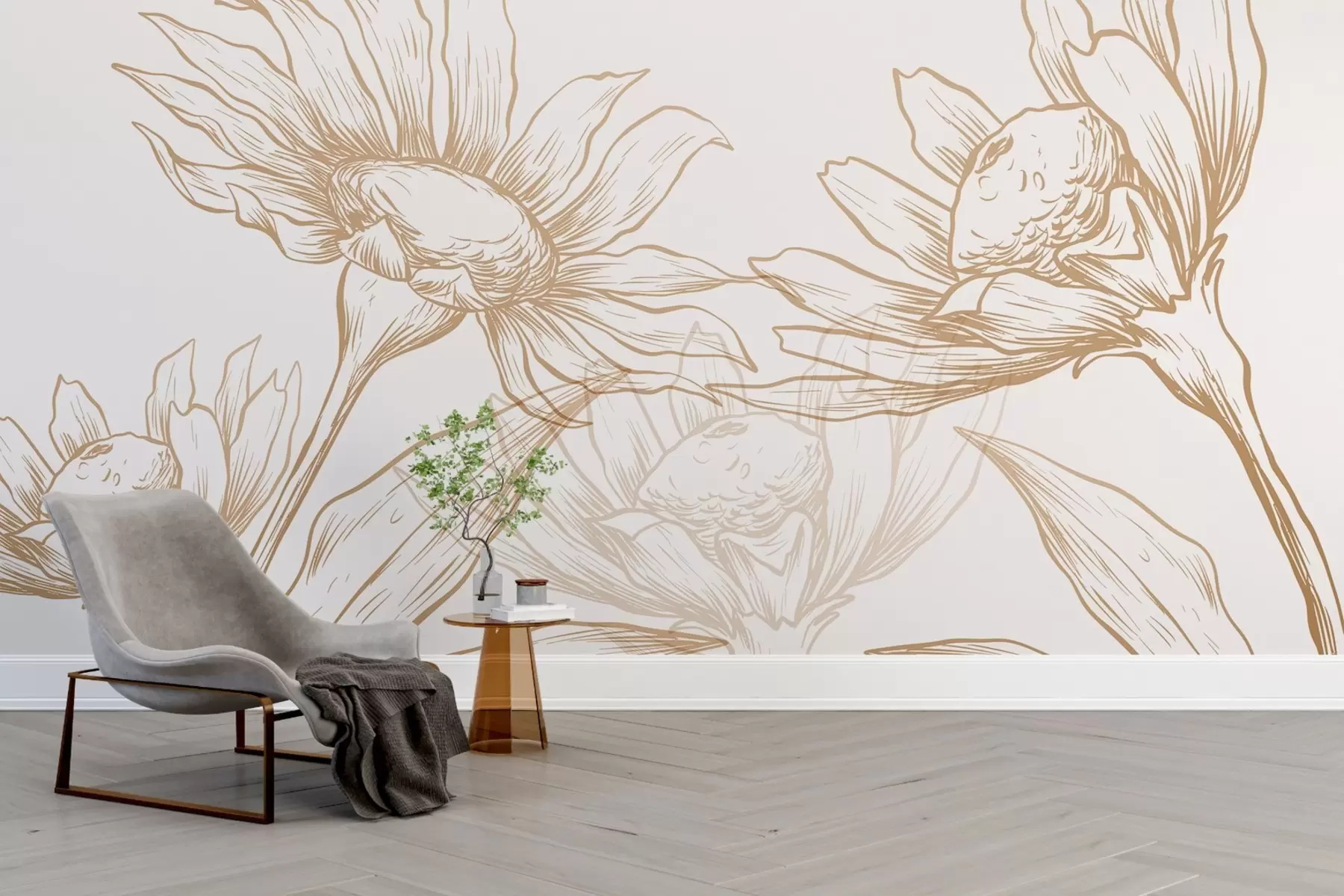 Fototapety Veľké kvety chryzantém, v radoch, v hnedých a žltých odtieňoch w02099v1