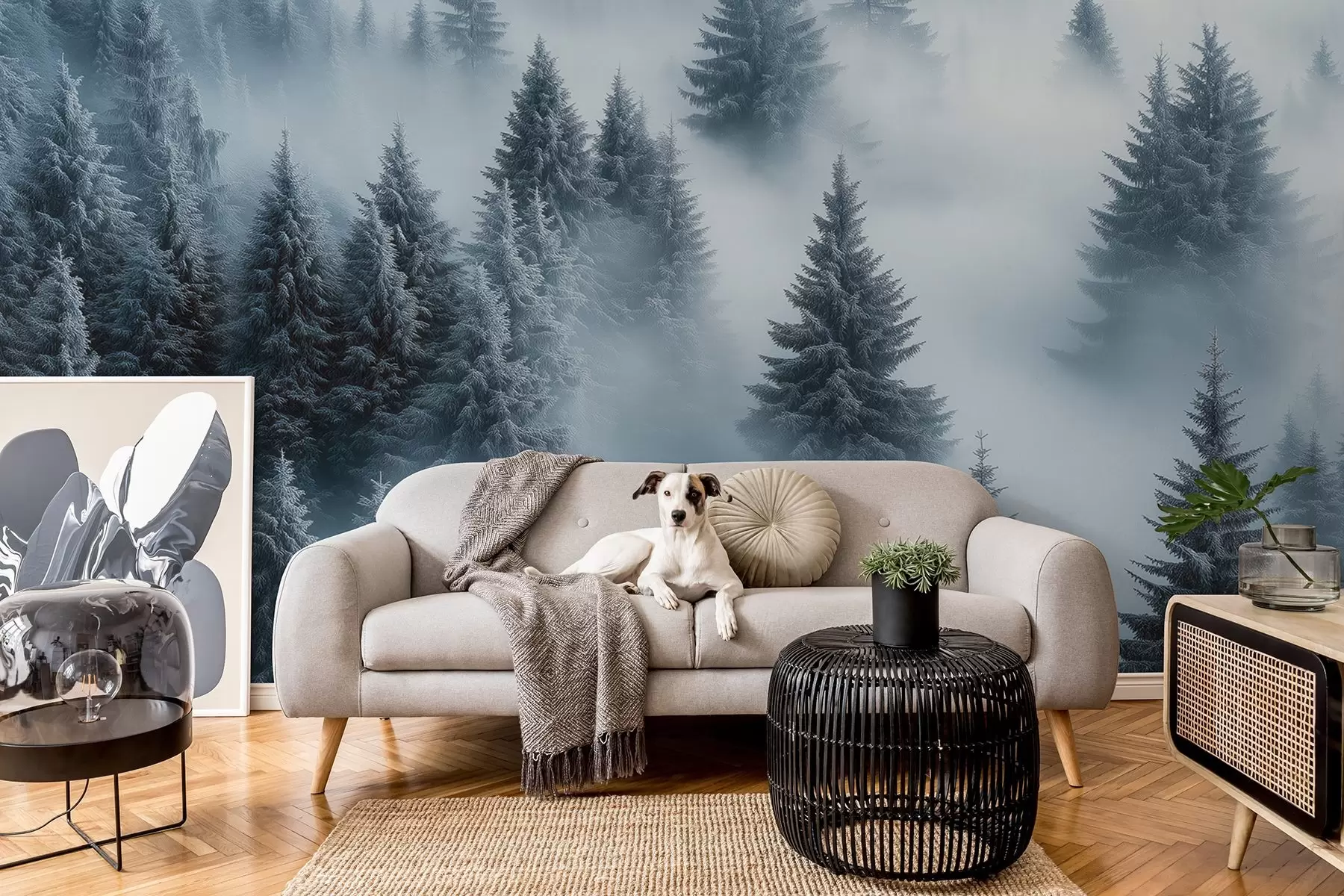 Fototapety Hustá hmla zahaľujúca zasnežený ranný les v odtieňoch modrej w02064