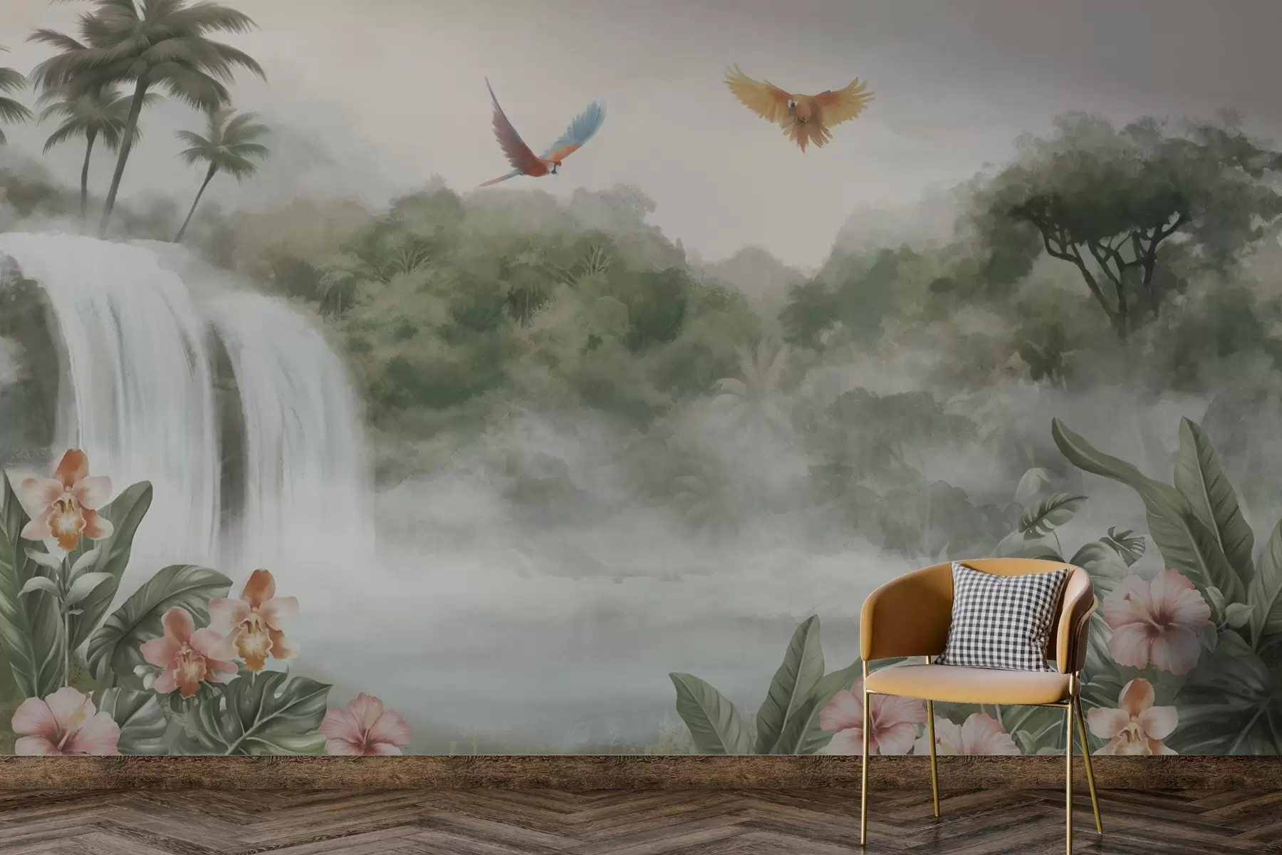 Fototapety Tropická krajina s vodopádom, rybníkom, kvetmi a vtákmi w02127