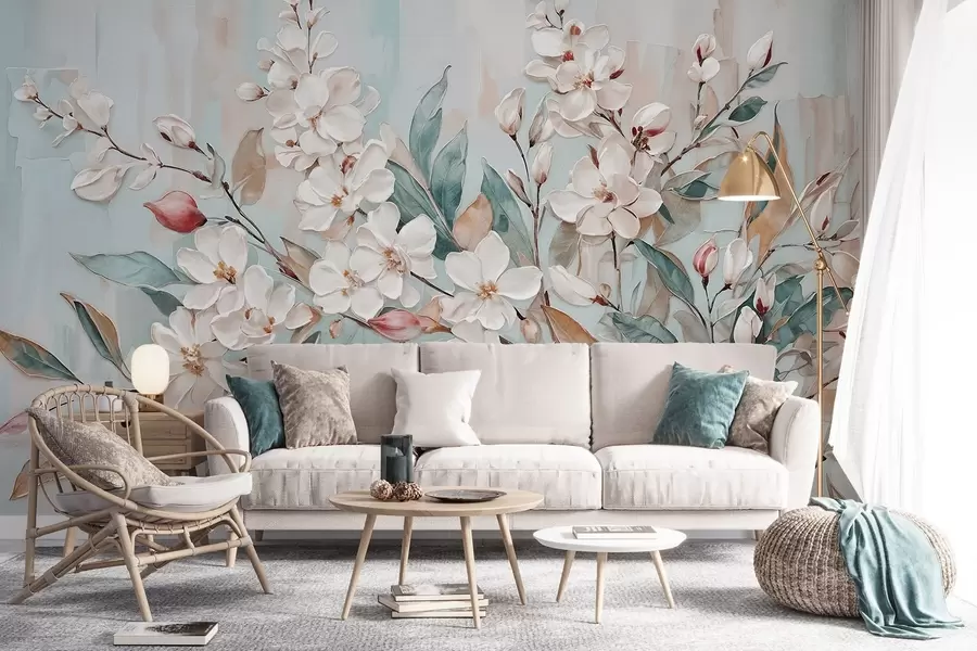 Fototapety Kvetinové pastelové jemné biele kvety s ružovými stredmi, obklopené sviežimi zelenými listami a konármi w08399