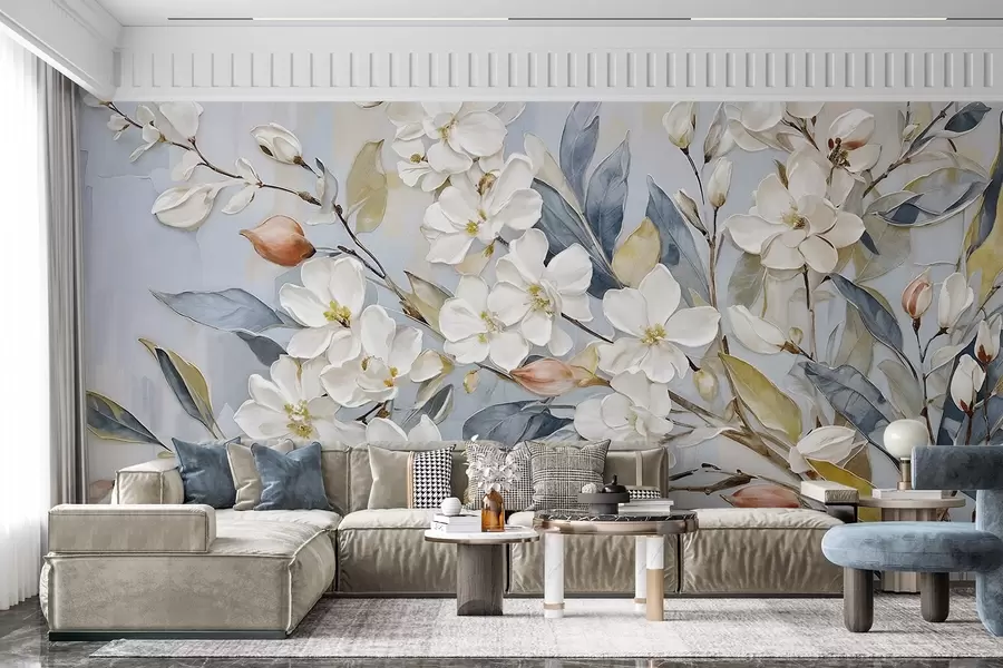 Fototapety Kvetinové pastelové jemné biele kvety so žltými stredmi, obklopené sviežimi zelenými listami a konármi w08399v1