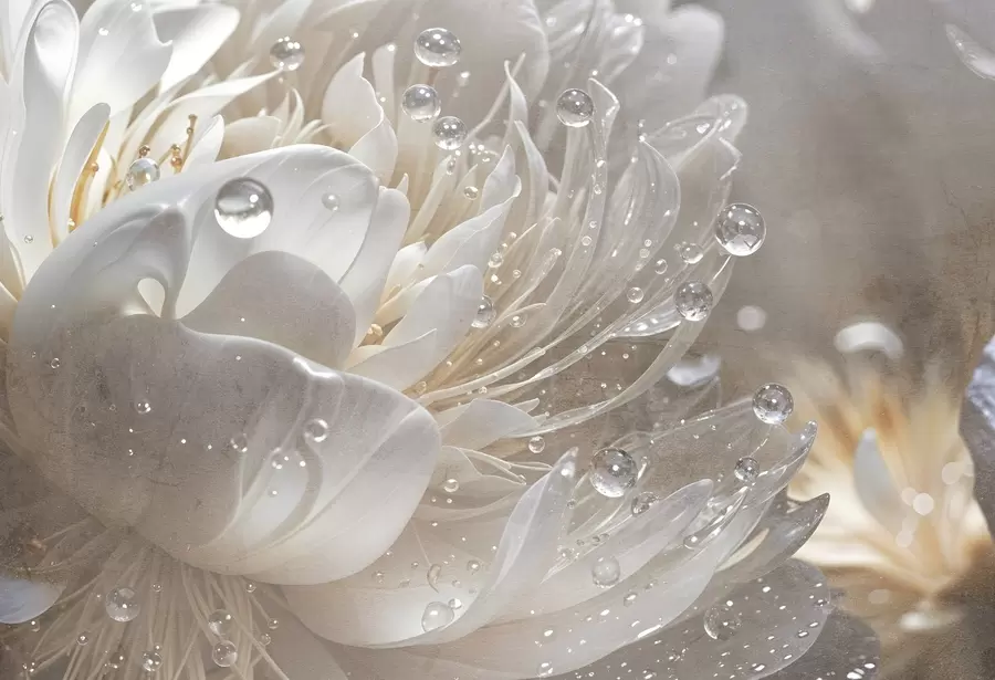 Fototapety Detailný záber na béžový kvet pivonky s kvapkami vody na jemných okvetných lístkoch, ktoré vytvárajú jemnú atmosféru w08402