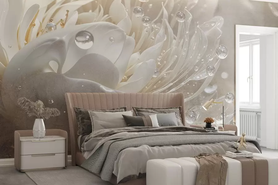 Fototapety Detailný záber na béžový kvet pivonky s kvapkami vody na jemných okvetných lístkoch, ktoré vytvárajú jemnú atmosféru w08402