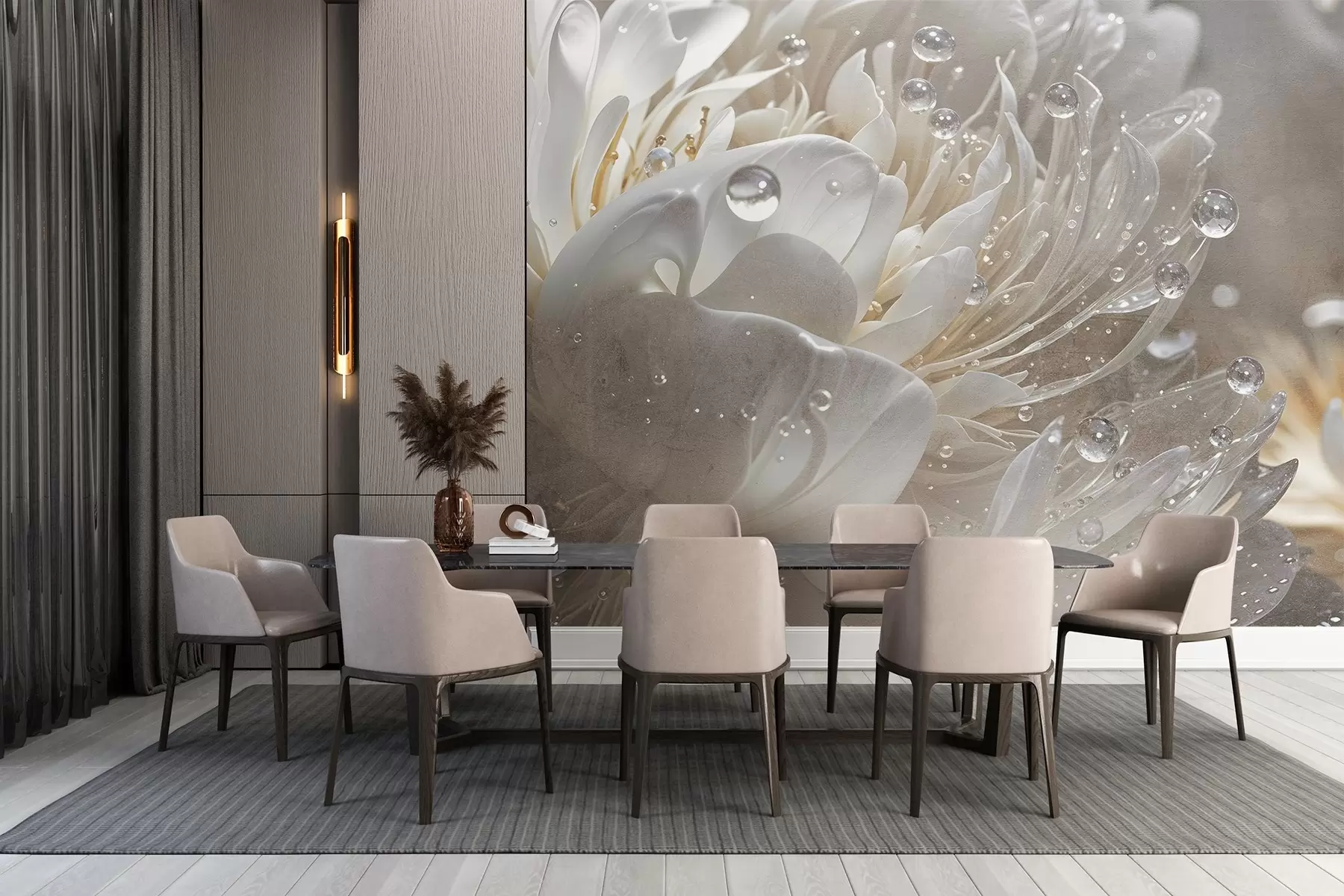 Fototapety Detailný záber na béžový kvet pivonky s kvapkami vody na jemných okvetných lístkoch, ktoré vytvárajú jemnú atmosféru w08402