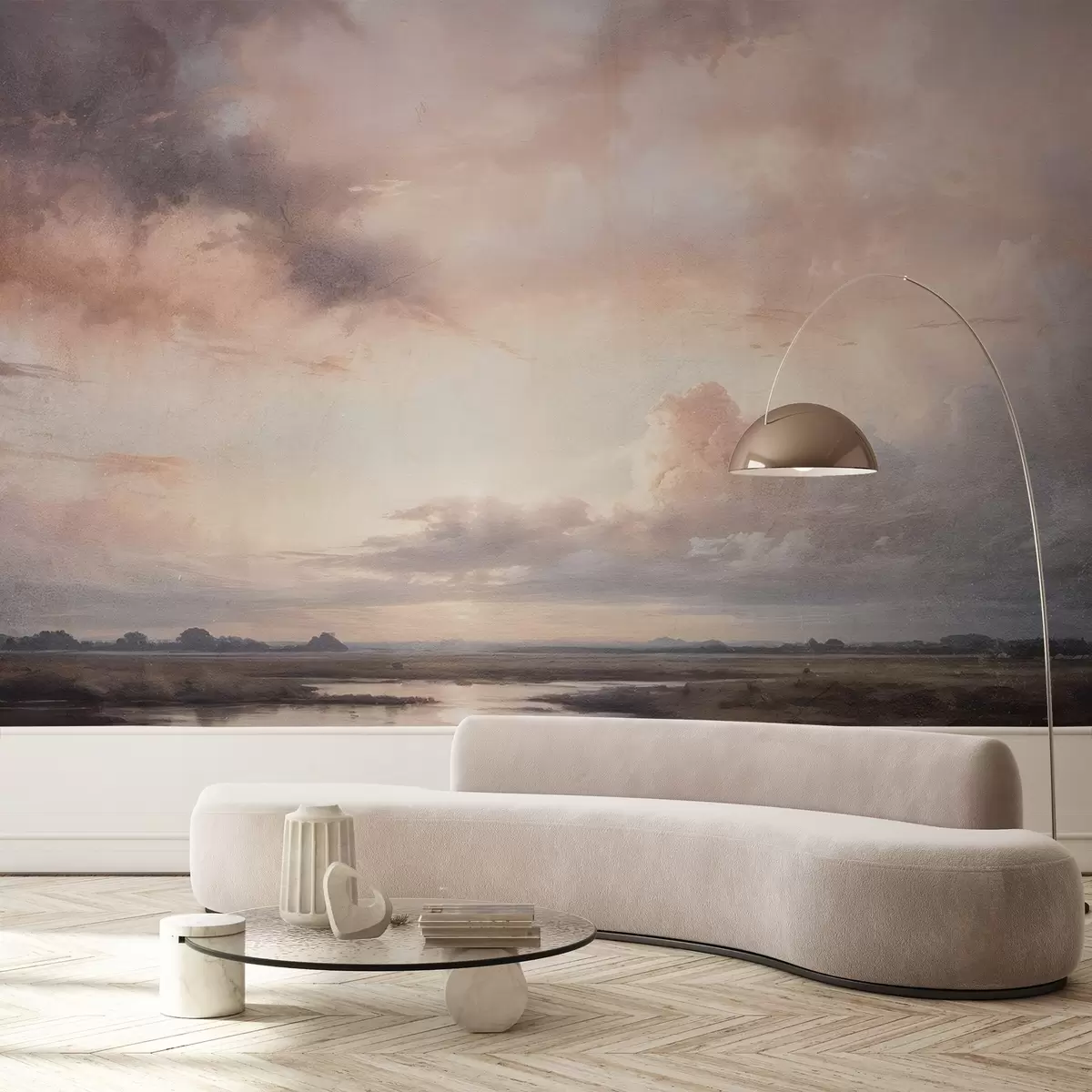 Fototapety Dramatická krajinná textúrovaná tlač zamračenej oblohy nad pokojným jazerom pri západe slnka s viditeľnými kopcami v diaľke w08409