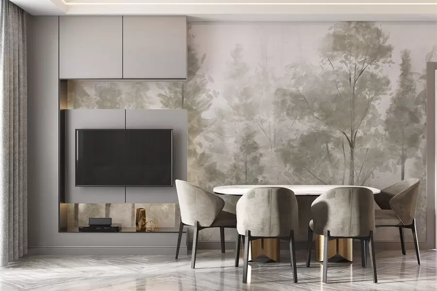 Fototapety Vysoké textúrované borovice v hmlistom lese s hmlistou, hmlistou atmosférou w08411