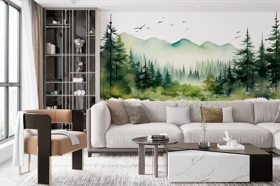 Fototapety Akvarelové lesné a horské krajiny, zelená paleta farieb  w02150