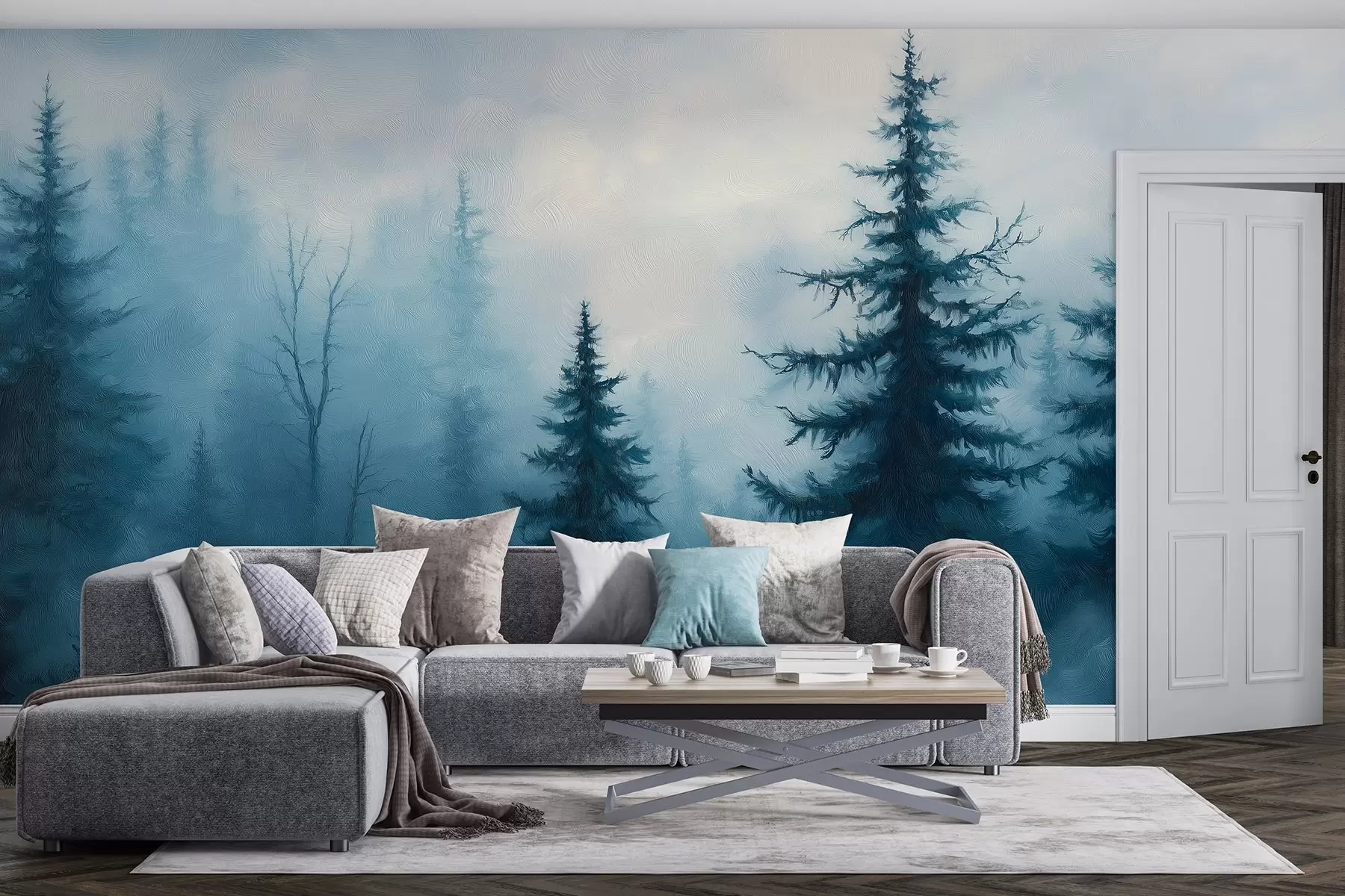 Fototapety Tmavomodrý les, olejomaľba, ťahy štetcom, príroda w02153