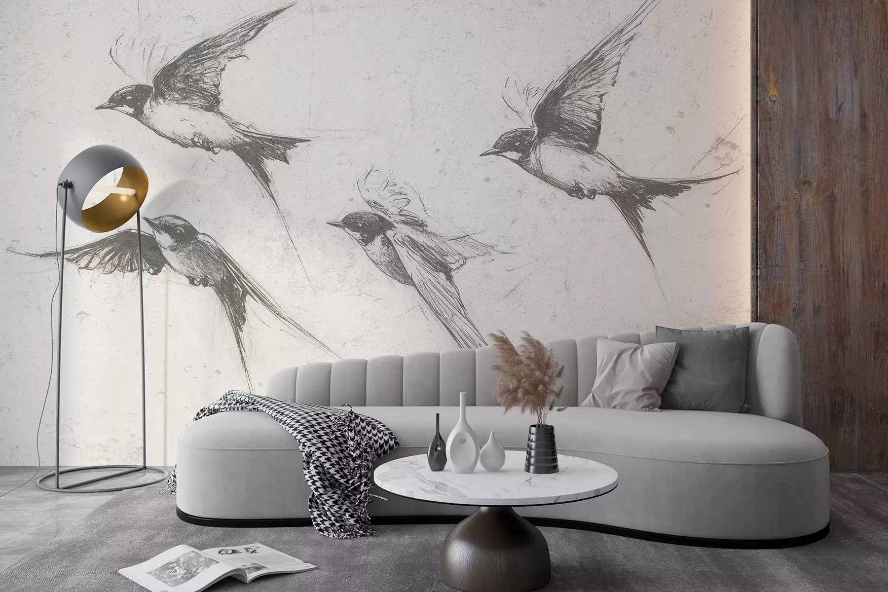 Fototapety Lietajúce vtáky, kresba tušom, minimalizmus, sivé farby w02155