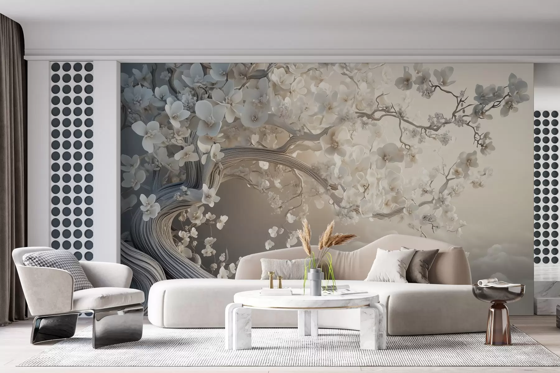 Fototapety Očarujúci strom s bielymi kvetmi na pozadí oblakov v zaujímavom štýle v jemných teplých farbách w02133