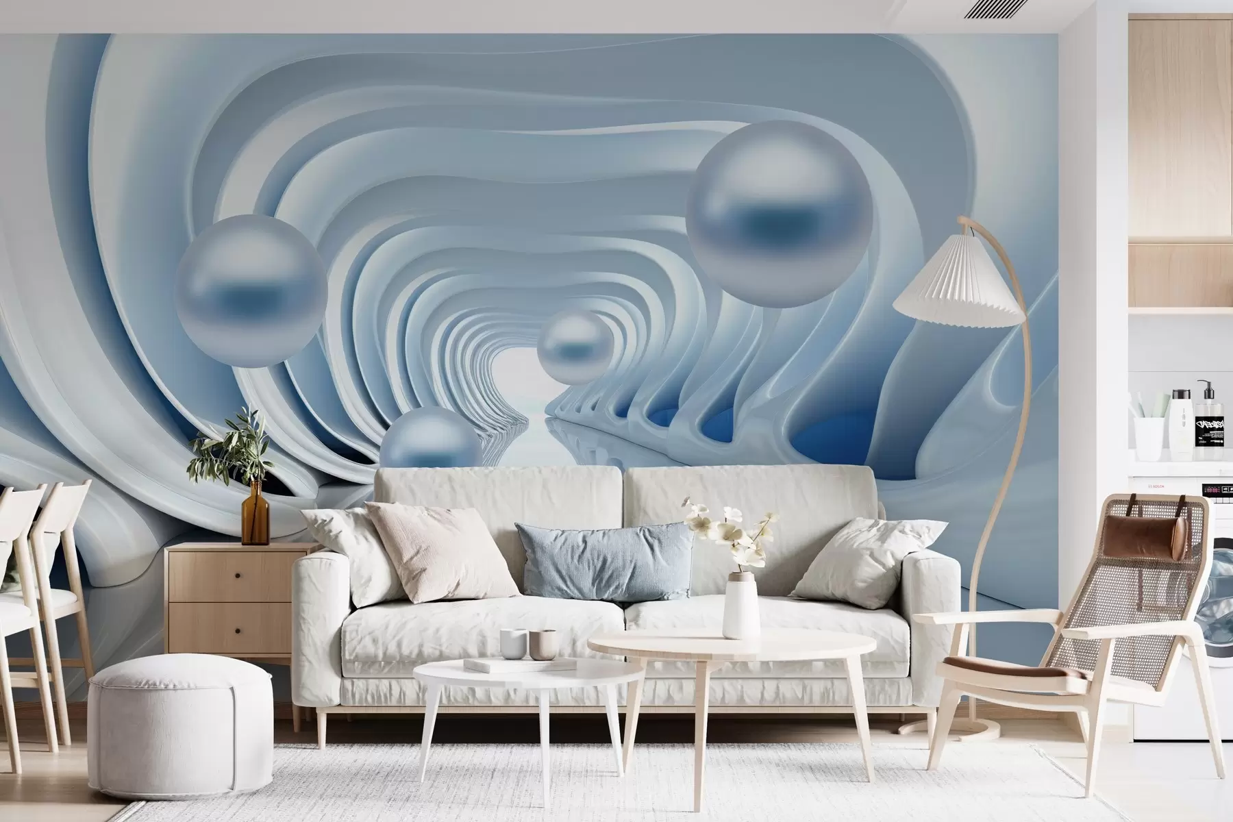 Fototapety Futuristická tapeta s panorámou tunela v perspektíve a lietajúcimi perlami w02134