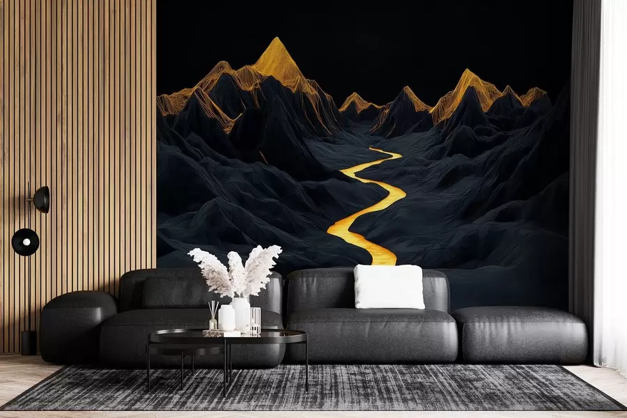 Fototapety Polygonálna čierna krajina a rieka medzi horami w02063