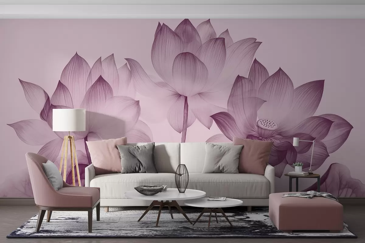 Fototapety Tri lotosy s listami v štýle čínskej maľby vo fialovej farbe w02146v1