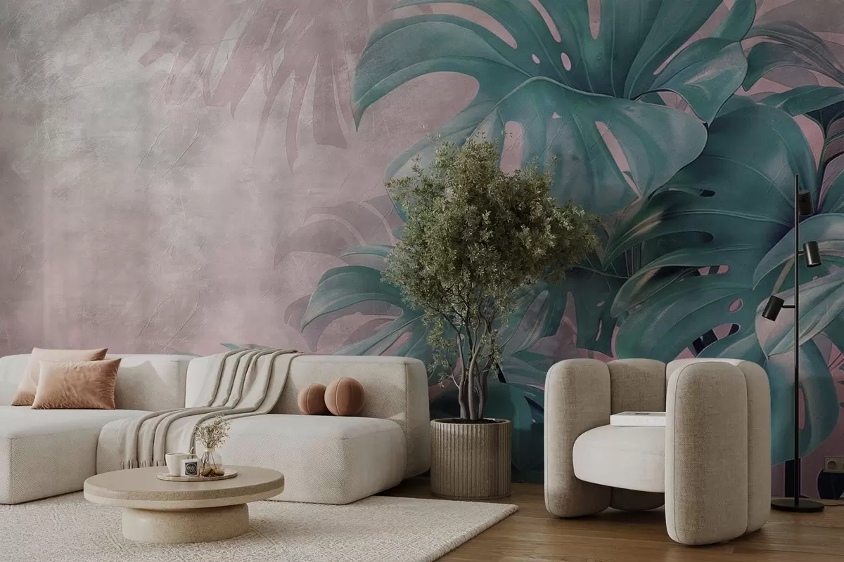 Fototapety Veľké listy monstery na jemnom ružovom pozadí w01901