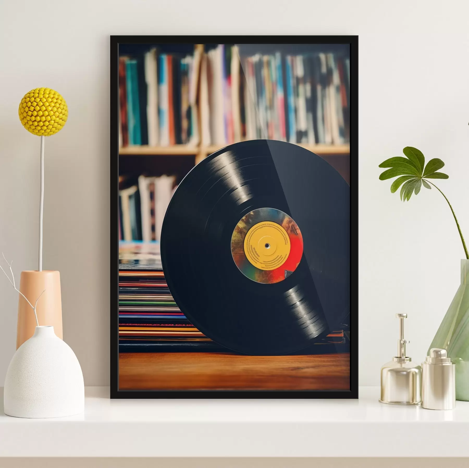 Fototapety Vinylový disk na pozadí police f41669