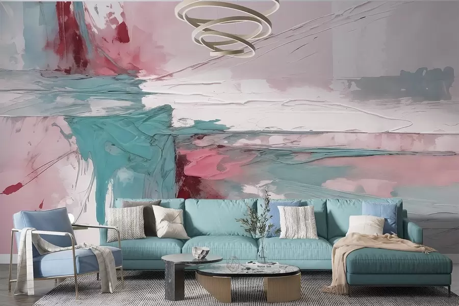 Fototapety Minimalistická abstraktná umelecká kompozícia s odvážnymi ťahmi štetca ružovej, modrej a bielej farby  w08414v1