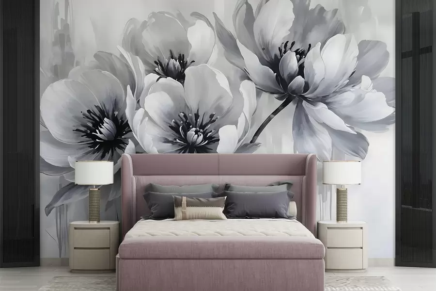 Fototapety Jednofarebné kvety tulipánov s jemnými, rozmazanými okvetnými lístkami na svetlom pozadí w08418