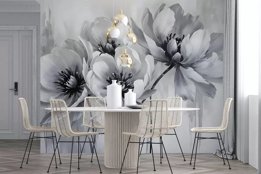 Fototapety Jednofarebné kvety tulipánov s jemnými, rozmazanými okvetnými lístkami na svetlom pozadí w08418