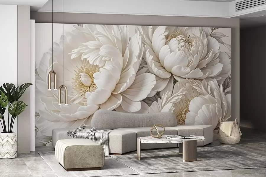 Fototapety Jemné pastelové biele pivonky so sviežimi listami na jemnom neutrálnom pozadí w08420