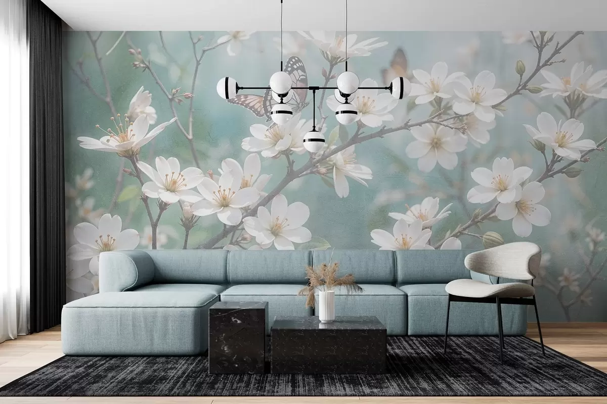 Fototapety Biely motýľ na konári s jemnými bielymi čerešňovými kvetmi v popredí na rozmazanom pozadí w08421