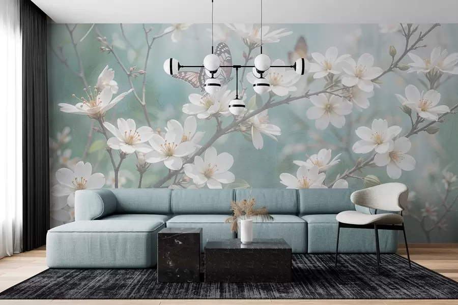 Fototapety Biely motýľ na konári s jemnými bielymi čerešňovými kvetmi v popredí na rozmazanom pozadí w08421