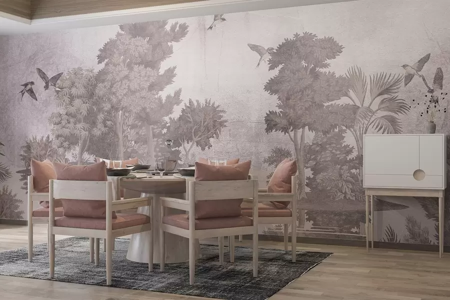 Fototapety Tlač lesnej krajiny s jazerom obklopeným borovicami a ďalšou zeleňou na textúrovanom béžovom pozadí w08426