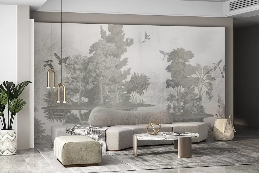 Fototapety Tlač lesnej krajiny s jazerom obklopeným borovicami a iným lístím na textúrovanom zelenom pozadí w08426v1