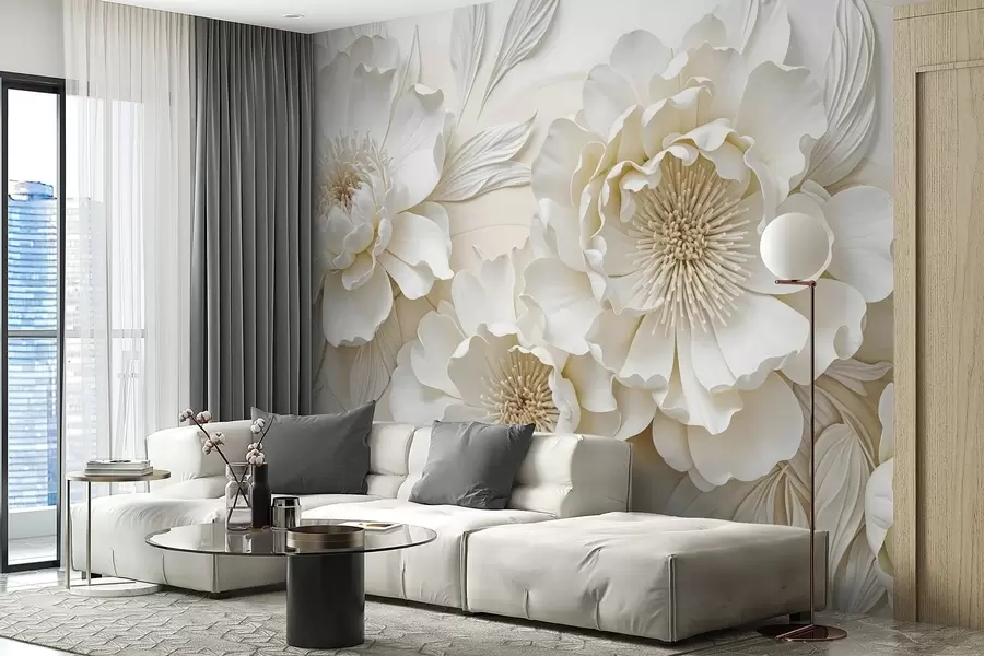 Fototapety Elegantné objemné imitácie bielych pivoniek s jemnými okvetnými lístkami a pastelovo žltými stredmi na svetlom pozadí w08431