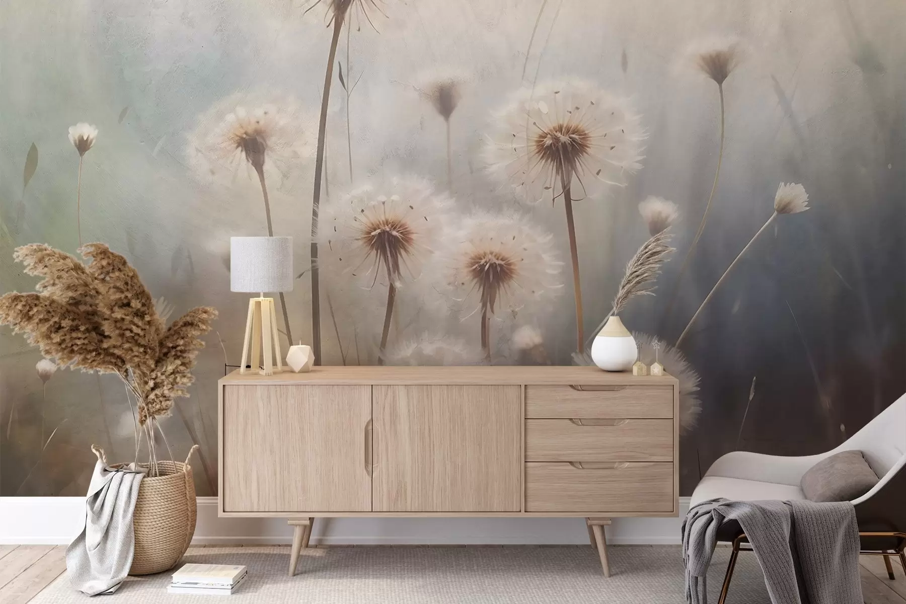 Fototapety Mäkké zaostrenie kvetov púpavy v poli s rozmazaným pastelovo sfarbeným textúrovaným pozadím w08432