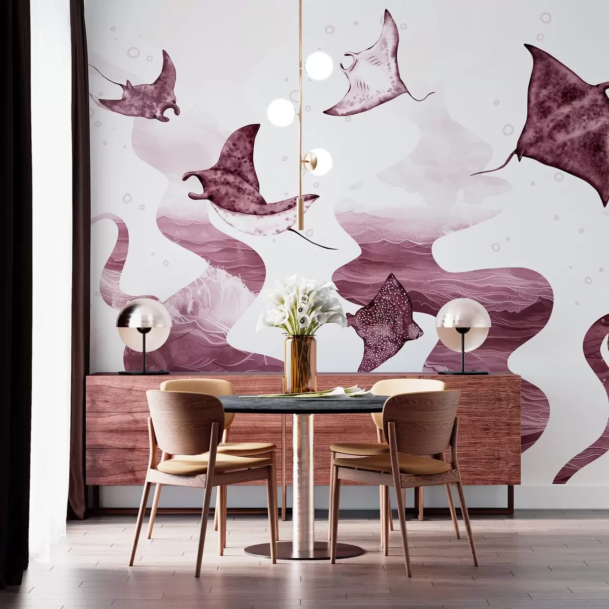 Fototapety Manta ray ryby, akvarel štýl, more, oceán, ružové farby w02266v3