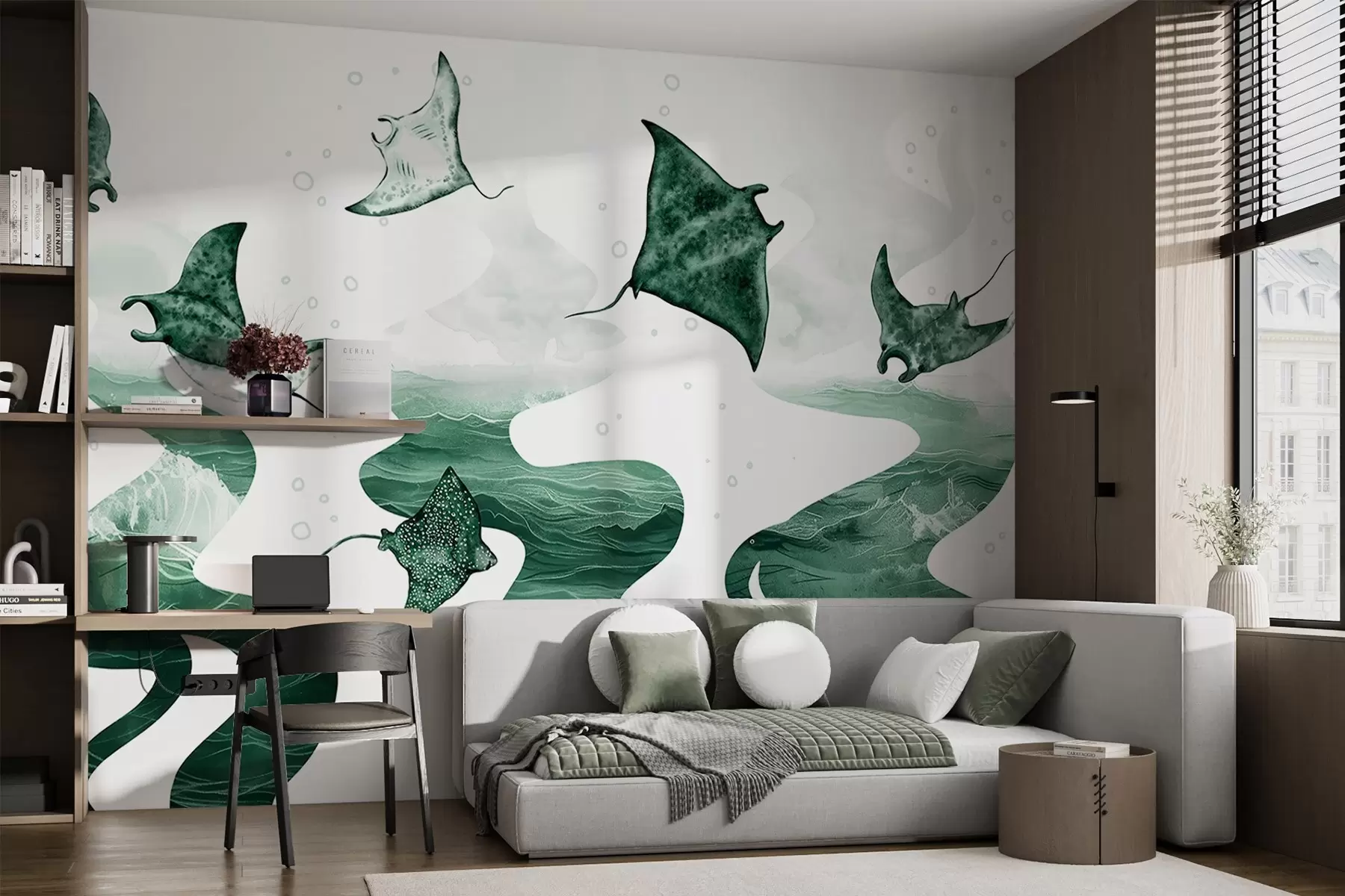 Fototapety Manta ray ryby, akvarel štýl, more, oceán, zelené farby w02266v2