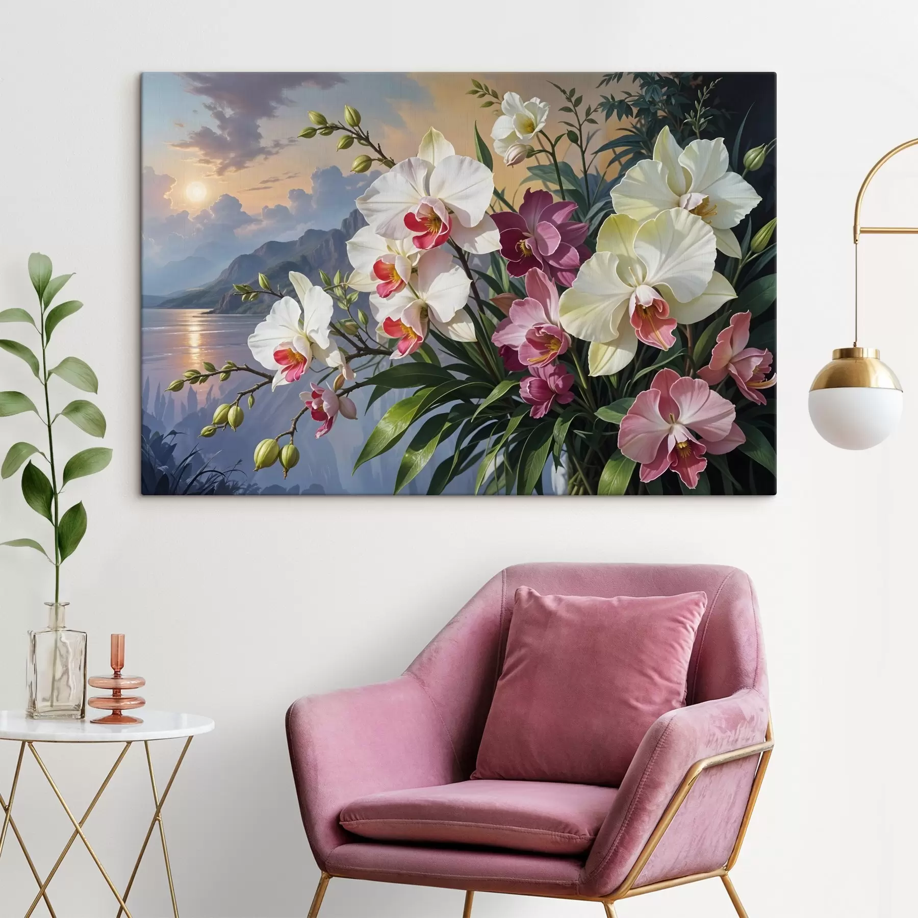 Fototapety Žiarivá kytica tropických kvetov s orchideami a sviežou zelenou zeleňou na pozadí morskej krajiny s41713