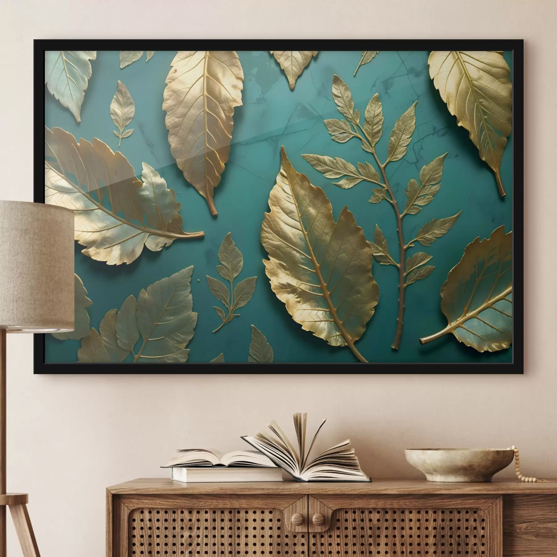 Fototapety Žlté jemné listy na teal pozadí, ktoré vytvárajú elegantnú botanickú potlač f41727
