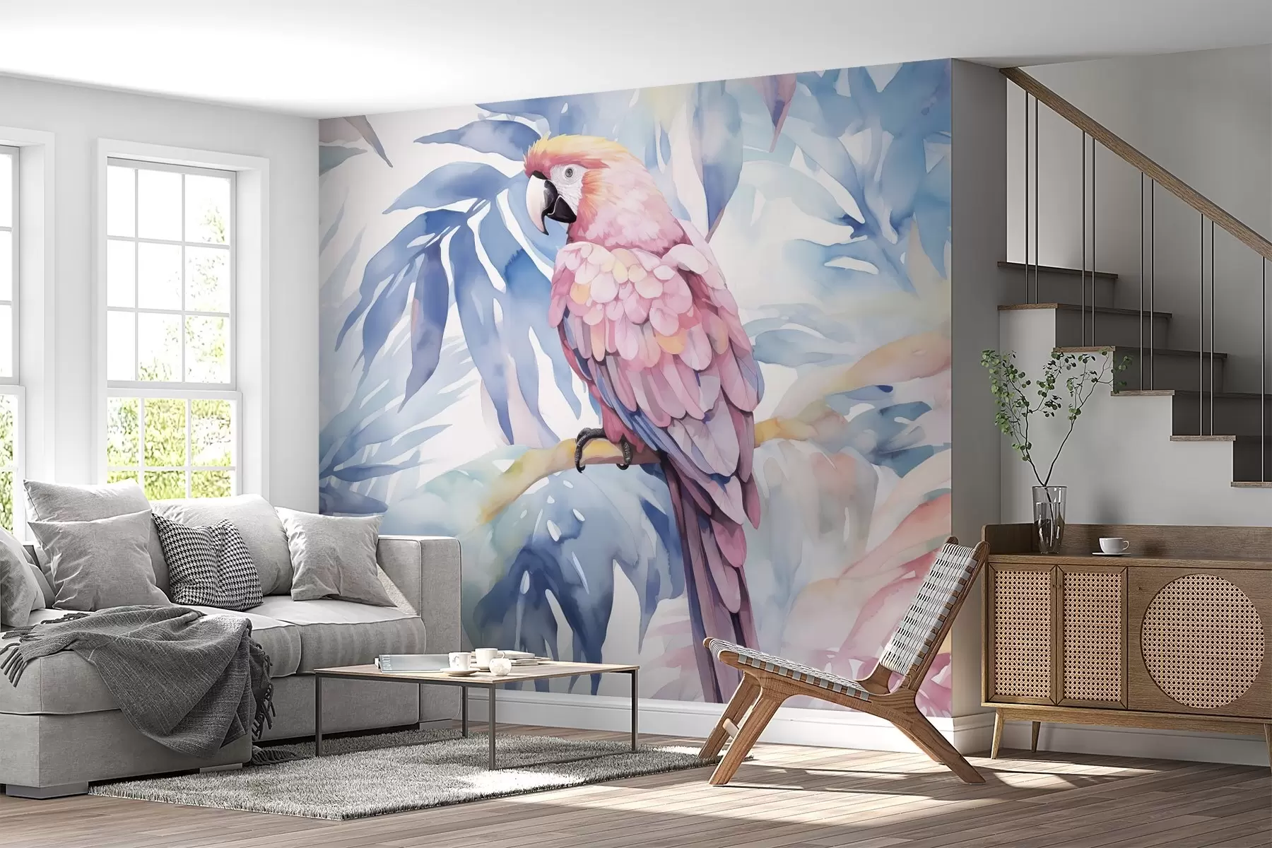 Fototapety Ružový papagáj sediaci na vetve imitácia maľby w02330