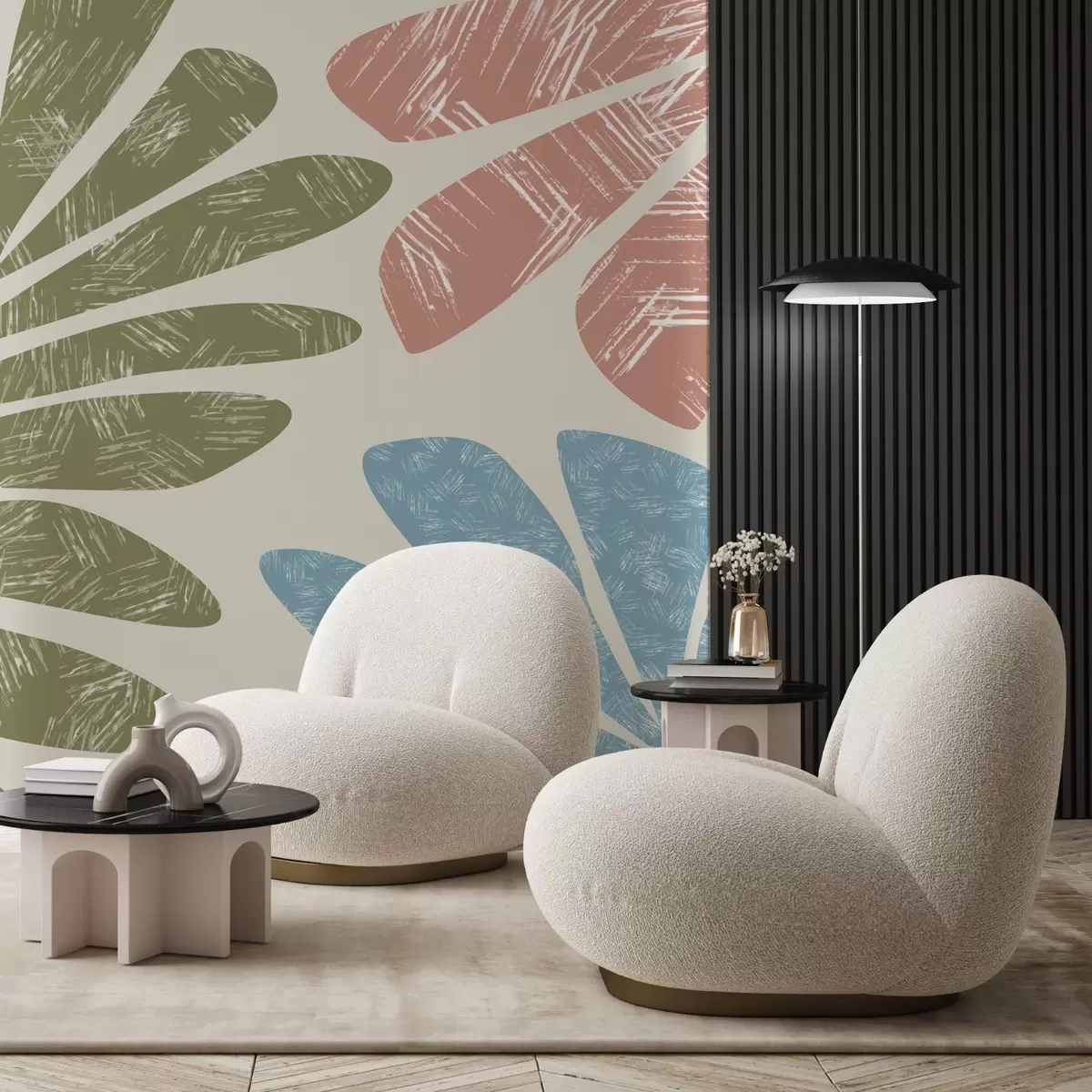 Fototapety Silueta listnatých konárov s textúrou, zelená, ružová, modrá w02333v1