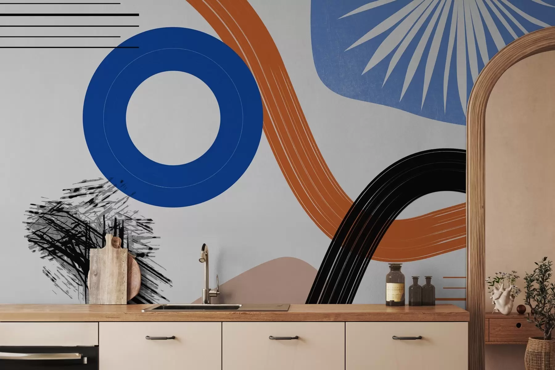 Fototapety Abstraktné zloženie s líniami a kruhom, modrá, oranžová farba w02334