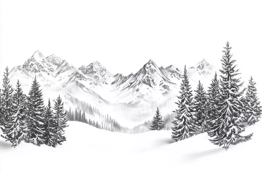 Fototapety Alpské hory na snehu, štýl ceruzky, minimalizmus w02352