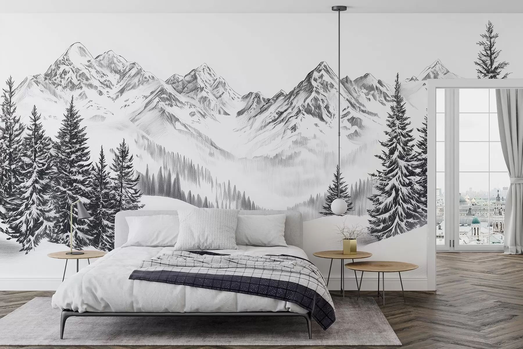 Fototapety Alpské hory na snehu, štýl ceruzky, minimalizmus w02352