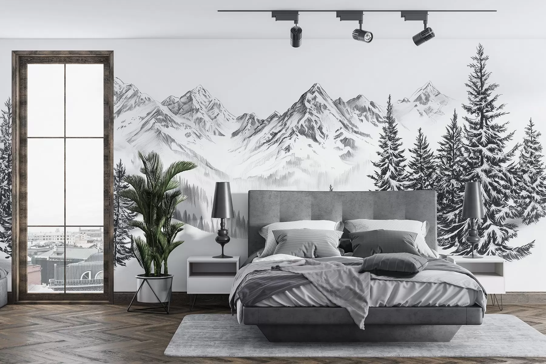Fototapety Alpské hory na snehu, štýl ceruzky, minimalizmus w02352