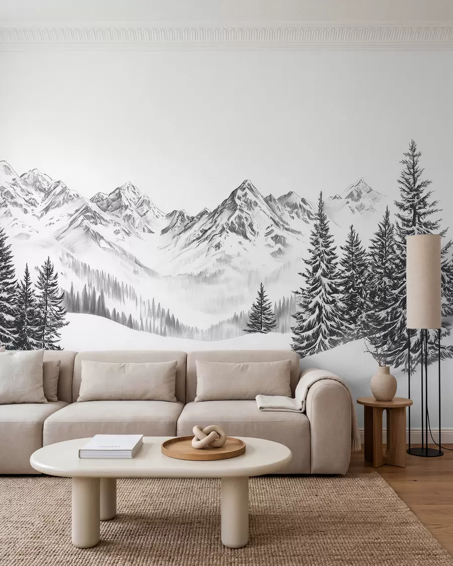 Fototapety Alpské hory na snehu, štýl ceruzky, minimalizmus w02352
